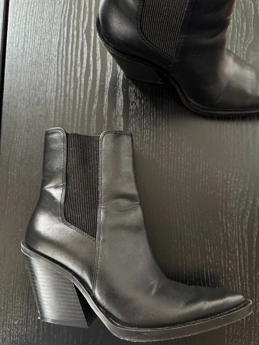 ZARA Black Leather Cowboy Ankle Boots – Western Heeled Boots – Size 38